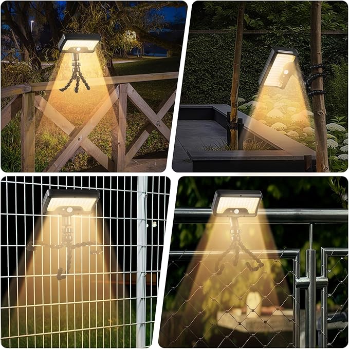 Solar Motion Lights Outdoor with Flexible Octopus Tripod, USB & Solar Powered Motion Sensor Lights with 92 LEDs, IP65 Waterproof Motion Activated Light for Fence, Camping (2 Pack, Warm Yellow)