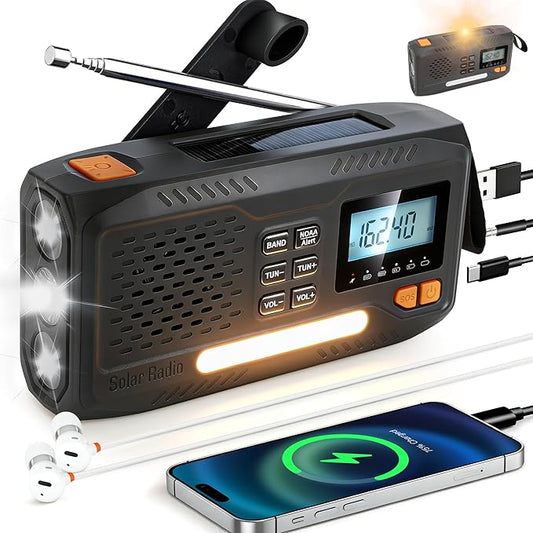 Emergency Crank Radio with NOAA Weather -Alert 7400 mWh Solar Hand Crank Portable AM/FM Radio, Rechargeable Battery USB Charger Flashlight LCD Screen Headphone Jack for Home Outdoor Hurricane Survival