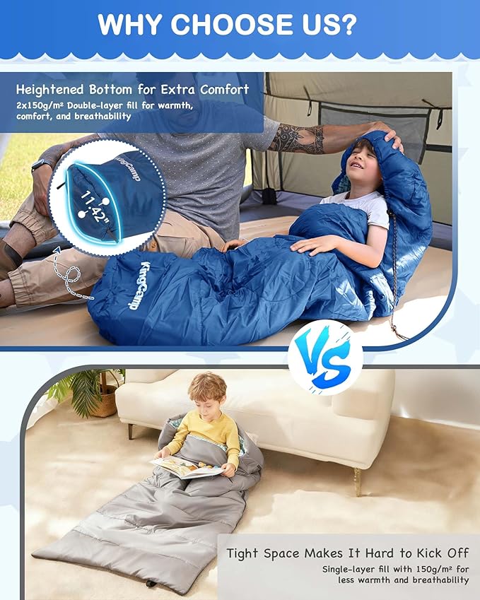 KingCamp 45°F Kids Sleeping Bag, Lightweight Waterproof & Compact Flannel Sleeping Bags Cold Weather & Warm Youth Essentials Gear Accessories for Camping, Fits 10-12 Children up to 4'7"-5'5" Tall