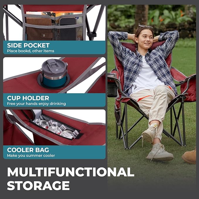 FUNDANGO Oversized Camping Chairs for Adults, Heavy Duty Fold Up Sports Games Lawn Chairs, Extra Wide Big Man Outdoor Chairs with Padded Lumbar Support Backrest, Bag Included for Camp, Beach, 2 Pack