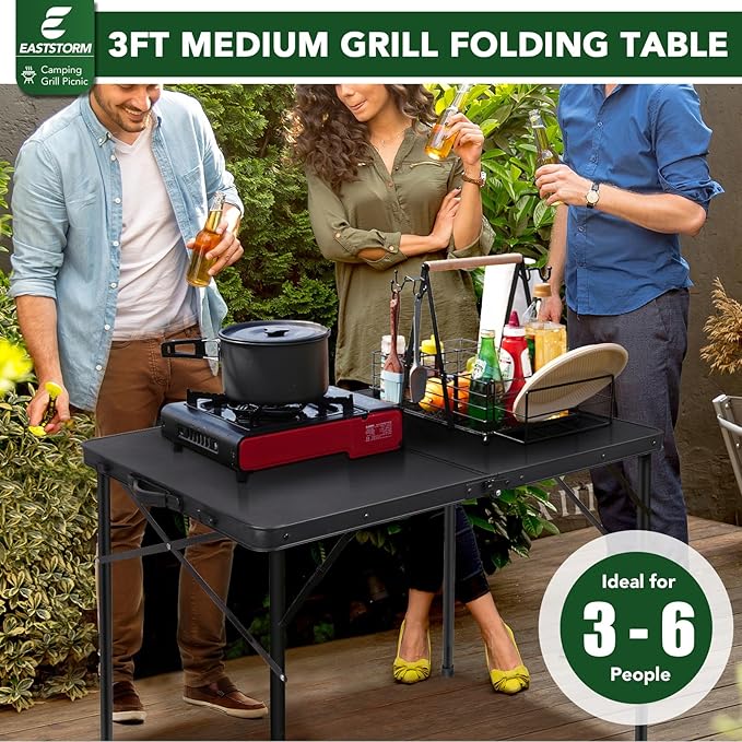 E EASTSTORM 35 inch Folding Table for 4 Person, Heavy-Duty Metal Tabletop, 2 Adjustable Height Camping Table, Portable Outdoor Table with Carrying Handle,for Patio, Picnic, Parties, BBQs, Black