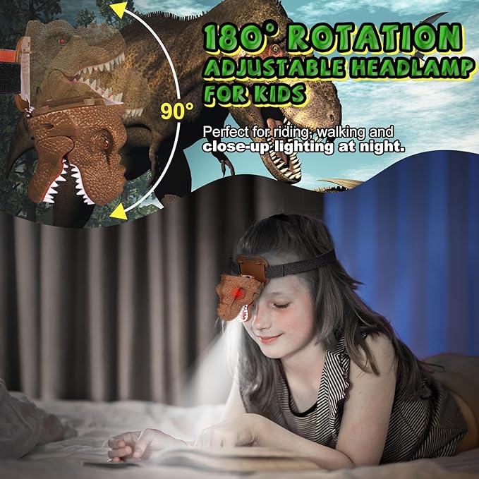 Nitigo Dinosaur Headlamp for Kids Flashlight Led Headlights Roar & Silent Mode, T-Rex Dinosaur Toys for Kids 3-5 4-6 5-7 6-8, Camping Gear, Valentines Day Gifts for Boys Girls Adults