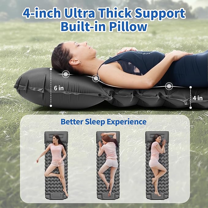 Sleeping Pad for Camping - 4” Thick Inflatable Camping Mat with Built-in Pump & Pillow, Ultralight Self Inflating Camping pad, Backpacking Sleeping Mat for Hiking, Tent, Traveling