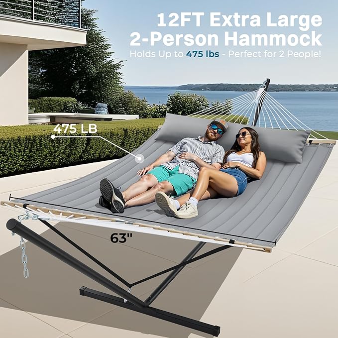 SUPERJARE Hammock with Stand, 2 Person Quilted Outdoor Hammock, Detachable Pillow & Bamboo Spreaders, Portable Hammock with Carrying Bag, Heavy Duty Stand, Perfect for Outside, Patio, Gray