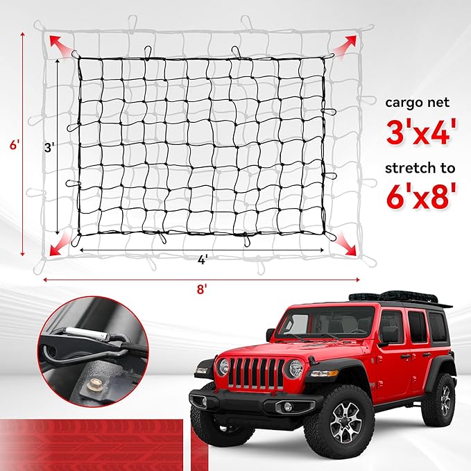 Reniteco Heavy-Duty 3'x4' Cargo Net Stretches to 6'x8' - Secures Heavy Loads with 12 Metal Carabiners, 4"x4" Mesh, Weather-Resistant & Includes Storage Bag for Trucks, SUVs, Jeeps, Trailers & Boats