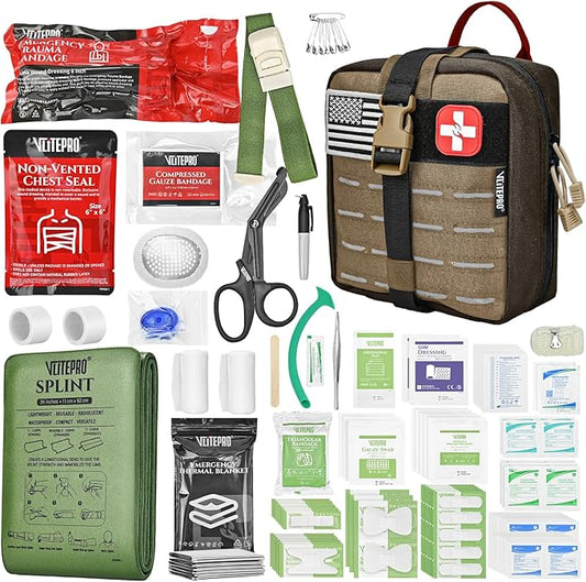 144 Pcs Advanced Trauma First Aid Kit - Emergency Camping Gear with Tourniquet, Compression Bandage, 36" Splint | Portable Survival Gear for Outdoor, Home, Camping- Gift for Husband Dad and Wife-Brown