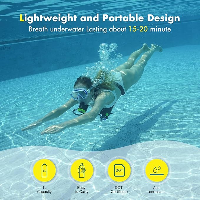 Mini Scuba Tank with 1L Capacity Lung Tank–DOT Certified Dive Portable Lungs for Snorkeling and Underwater Breathing