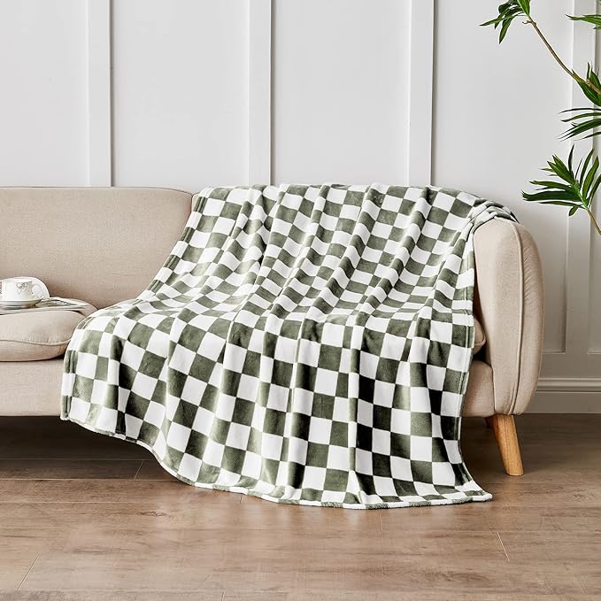 Edenleaf Checkered Blanket Flannel Throw Blankets Soft Cozy Checkered Grid Print Chessboard Gingham Pattern Throws for Bed Sofa Couch for All Seasons, 60x80 Inch, Dark Olive