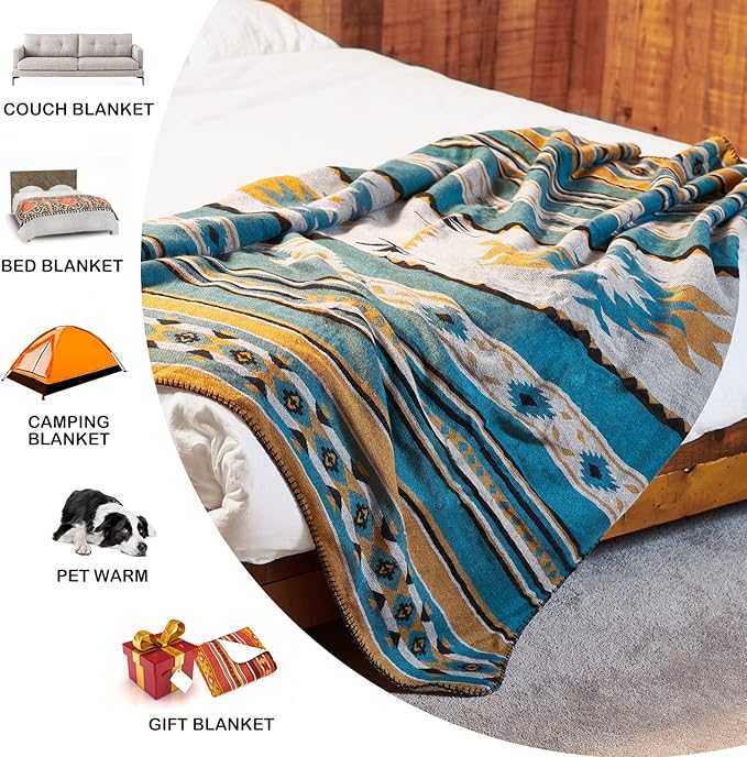 Aztec Patterned Throw Blanket with Soft Sherpa Lining 90”x90”, Traditional Southwestern Navajo Tribal Style Warm Throw for Home Decor, Light Weight Cozy Boho Blanket for Bed, Couch, Sofa, Teal