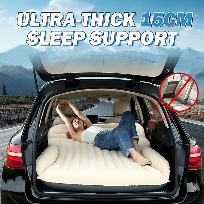 Ciremiv Car Bed with The Most Complete Sleeping Accessories,Leakproof Durable Car Mattress, with Pillow & Pump|for SUV Minivan Mpv Road Trip Inflatable Bed,Single-Sided Flocking Off-White + Gray