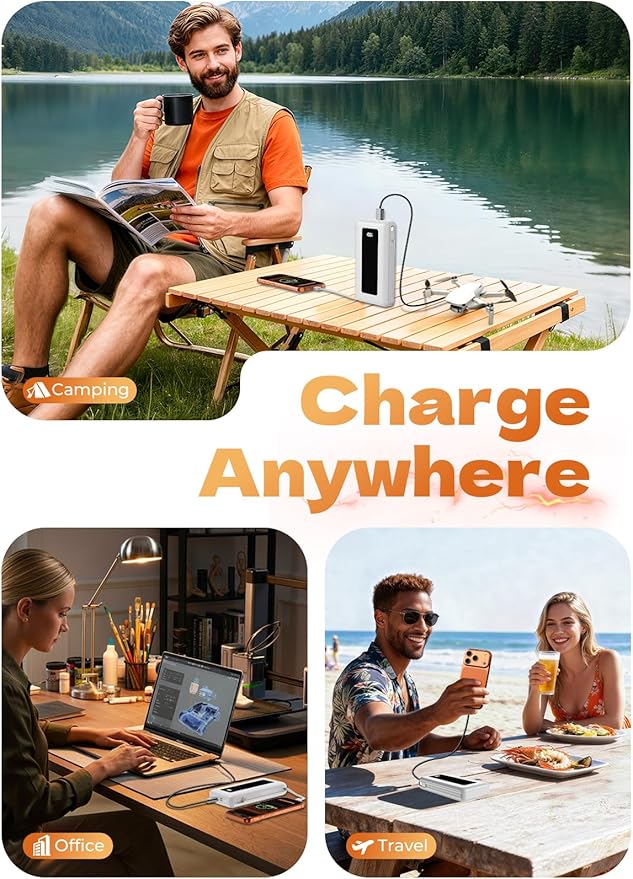 Portable Charger Power Bank, 50000mAh Travel Camping Essential Battery Pack with Built-in Cables, PD 22.5W Fast Charging, Large Capacity Portable Phone Charger for iPhone, Pearl White
