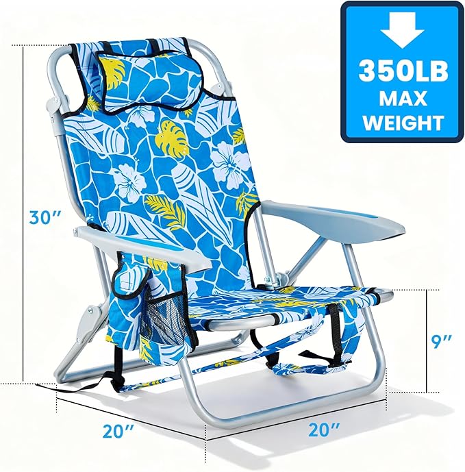 Portable Beach Chair for Adults, Outdoor Camping Chair Lay Flat Folding Backpack Beach Reclining Chair with 5 Positions, Headrest, Cup Holder, Heavy Hawaiian Style