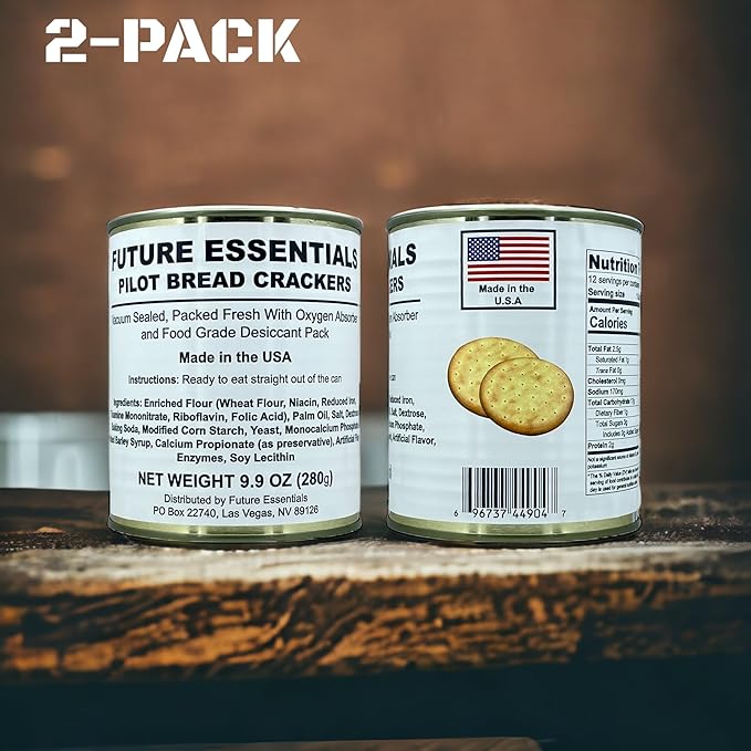 Future Essentials Pilot Bread Survival Crackers – Emergency Food Supply – 30-Year Shelf Life – Ready to Eat Hardtack Biscuits – #2.5 Can, Made in USA, 12 Crackers per Can, Pack of 2