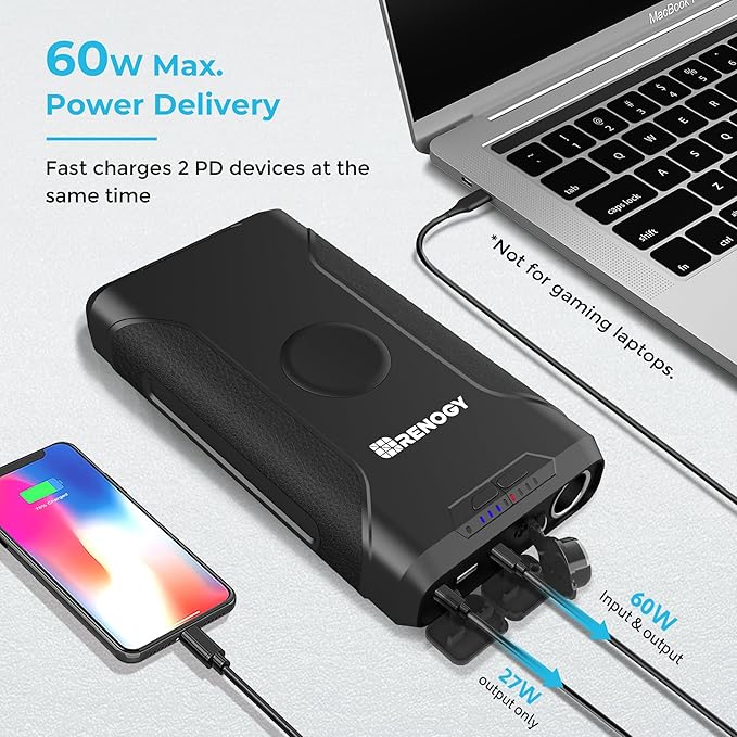 Renogy 72000mAh 266Wh 12v Power Bank with 60W PD, CPAP Battery for Camping, High Capacity Large Camping Power Bank with USB-C DC Wireless Charging & Flashlight, Backup Power Supply for Starlink Mini