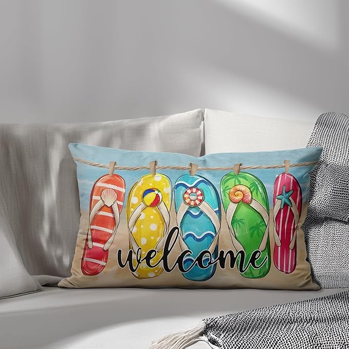 Welcome Summer Flip Flop Colorlife Beach Throw Pillow Cover 20x12, Summer Beach Decorative Pillow Case for Sofa Couch Bed Living Room Bedroom Decor,136-BZ