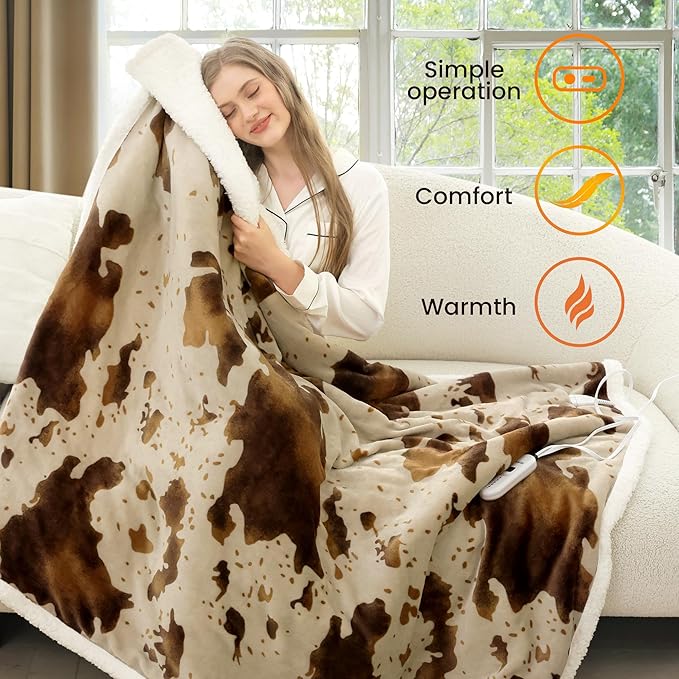 Heated Blanket Throw Blanket - Fast Heating Electric Blanket, Soft Flannel Heated Throw with 4 Time Settings,10 Heating Settings, Warm Gifts for Women & Mom&Grandma(50"x60"Cow Print Apricot)