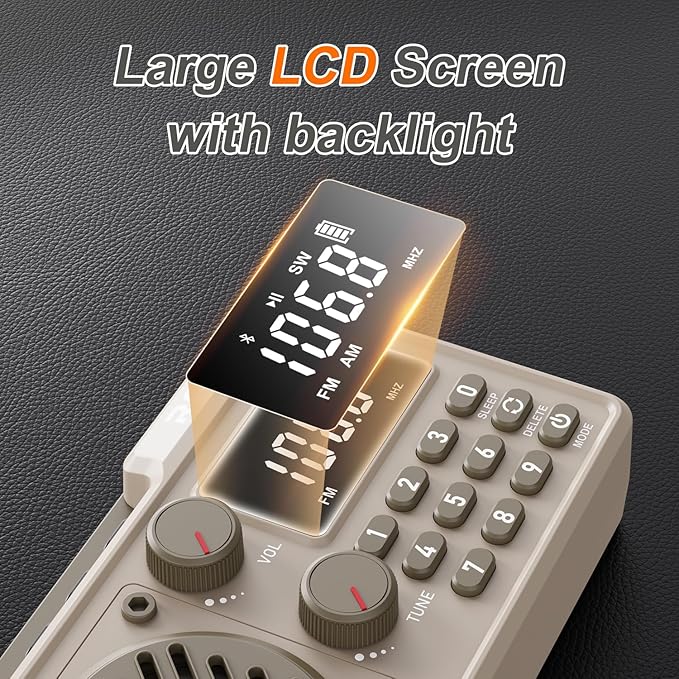 Portable Radio AM FM 1500mAh Rechargeable with Best Reception, Transistor shortwave Radio Wireless Bluetooth Speaker, with Large LCD Screen, Support TF Card U Disk, Earphone, Sleep Timer(Khaki)