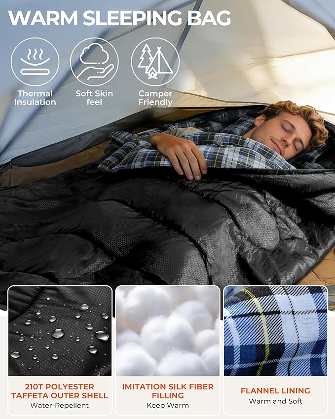 Sportneer 0 Degree Sleeping Bag for Cold Weather, XL Winter Sleeping Bag for Adults, Flannel Lined Camping Sleeping Bag, 32°F–59°F Rated, 87" x 33.5", 4.4 lbs, Detachable Hood, Compression Sack