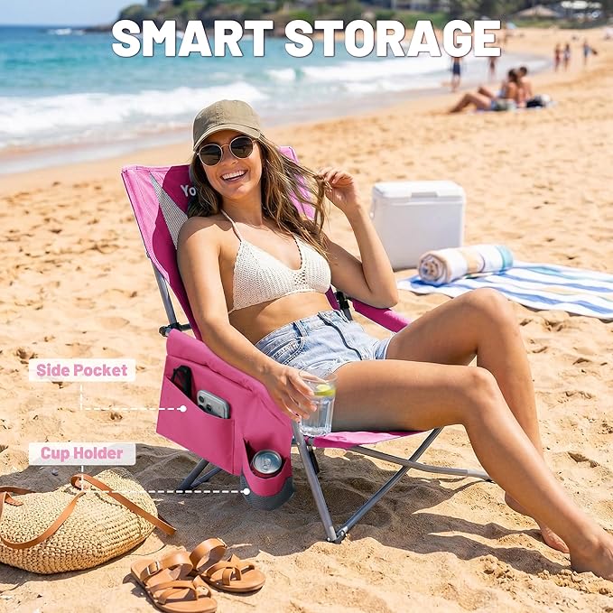 Youtanic Portable Beach Chair 2-Pack, 400 lbs Folding Camping Chair, Lightweight Low Profile Lawn Chair with Wide Seat, Cup Holder & Padded Armrests for Outdoor, Travel, Sand, Pink
