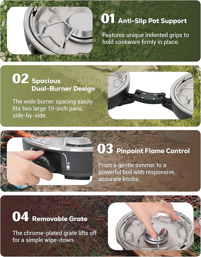 Propane 2-Burner Camping Stove with Windscreen, Portable& Foldable Camping Stoves with Carry Bag, 20000 BTU Camp Stove with Adjustable Burners& Piezo Ignition for Camping& Outdoor (Black)
