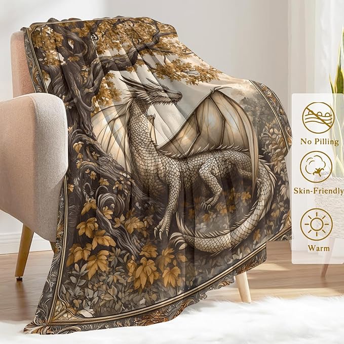 Autumn Dragon Fleece Blanket - Lightweight Soft Cozy Gifts Throw for Fantasy Lovers,Women,Men,Enchanting Tree of Life Blankets,Home Room Modern Artistic Decor 40x50in