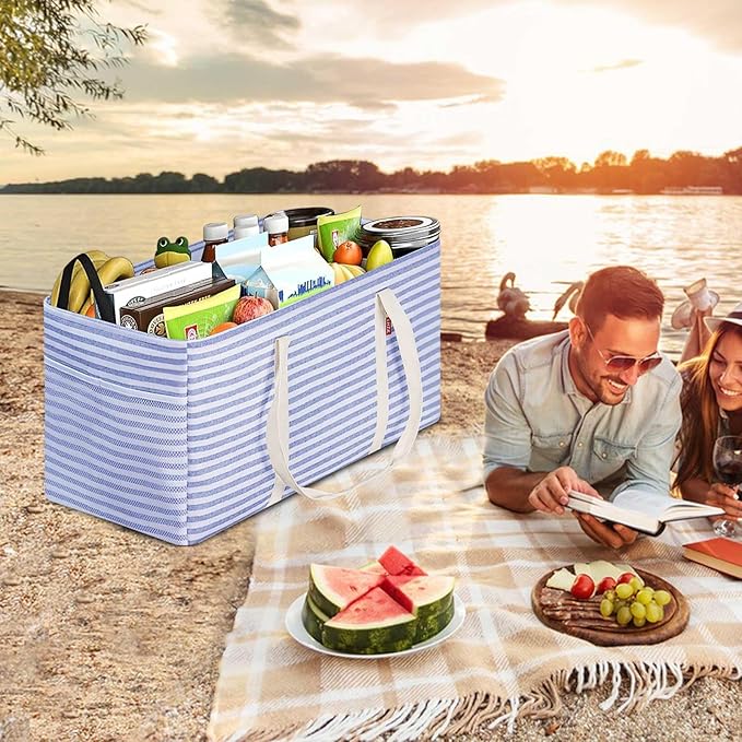 LHZK Standing Extra Large Utility Tote Bag with Metal Wire Frame and the Sides Rinforced, Extra Large Tote Bag with Handle, Reusable Grocery Bags Foldable, Beach Bag, Car Tote (Blue, 26''x15''x13'')