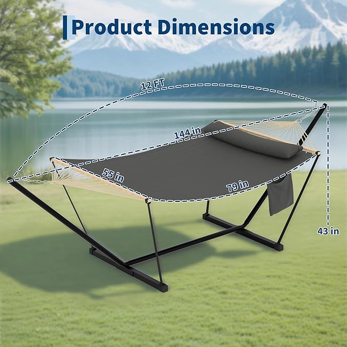 Garvee Double Hammock with Stand for Outdoor, Heavy Duty Portable 2 Person Hammock with Adjustable Steel Stand for Patio, Garden, Beach, Backyard