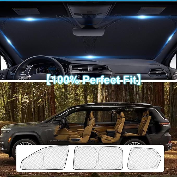 KMF 8pcs Thicken Sun Shades for Jeep Grand Cherokee L(Three-Row) 2021-2026 Accessories (NOT for Grand Cherokee&Cherokee),Full Car Window Covers for Windshield Side Rear, UV Block and Blackout Camping