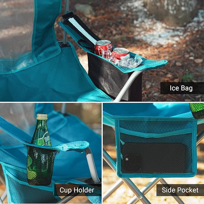 Camping Folding Chair Outdoor Lawn Portable Lightweight Camp Folding Chairs for Adult Outside with Cup Holder, Cooler Pouch & Side Pocket for Camping, Beach, Fishing, Sports or Tailgating Events, Blue