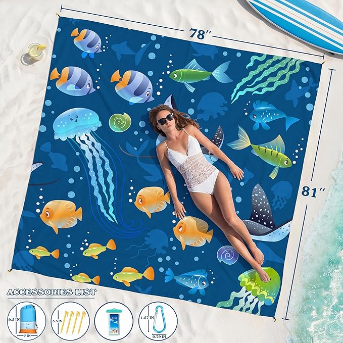Famstar Beach Blanket Oversized Extra Large 78" X 81",Waterproof Sandproof Beach Blanket 1-7 Adults Lightweight Durable for Travel Camping Hiking Picnic
