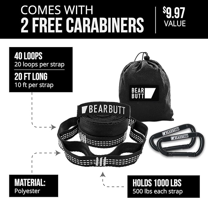 Bear Butt Kodiak Hammock Straps for Trees - 20 Feet Long, 40 Combined Loops - Holds 1000 Pounds - Camping Accessories With Carabiner