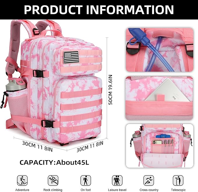 Lovelinks21 45L Tactical Assault Backpack 3 day assault pack with Molle Waterproof backpack Rucksack for Tactical Backpacks (Pink coral)