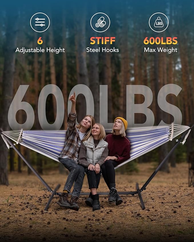 EveryFun Double Hammock with Heavy-Duty Steel Stand,Portable,Easy Assembly,600lbs Weight Capacity,Perfect for Indoor,Yard,Camping,or Outdoor-BlueWhite