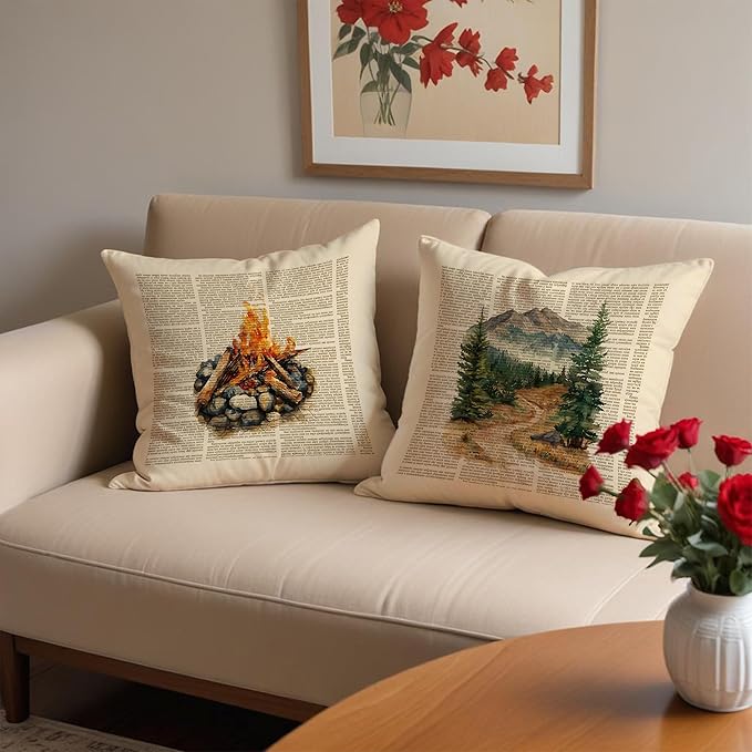 Nature Adventure Camping Pillow Covers 18x18 Set of 2, Gifts for Hiking Camping Lovers, Vintage Campfire Mountain Decorative Throw Pillow Covers for Couch Sofa Bedroom Living Room Home