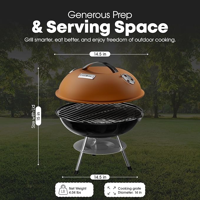 GasOne – 14-inch Portable Barbecue Grill with Thermometer - 3-Point Locking Lid for Heat Preservation – Dual Venting System – Small Charcoal Grill for Backyard, Camping, Boat