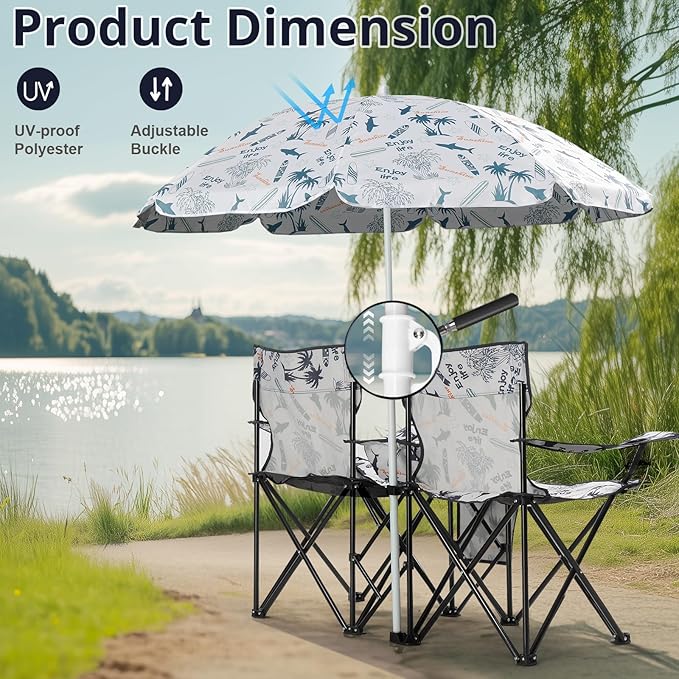 Outvita Folding Double Camping Chair w/Umbrella Beverage Holder Carrying Bag Cooler Fold Up Table, Large Bearing Capacity for Beach Patio Pool Park Outdoor Shark Pattern