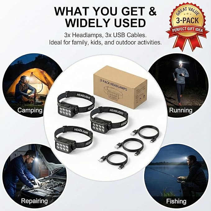 3 Pack Rechargeable Headlamp, 8 LED 1000 Lumens Super Bright LED Head Lamp Flashlight with Motion Sensor - Waterproof & Lightweight Headlight for Adults Camping, Running, Hiking, Fishing