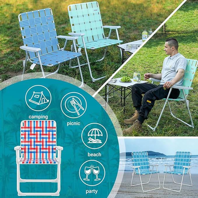 #WEJOY Folding Beach Chair for Adults, Lightweight Beach Chair with Shoulder Straps, High Back Camping Chairs with Hard Armrest, Supports 300lbs for Outdoor Lawn Concert
