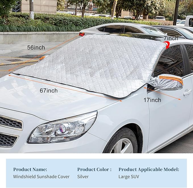 ICWEIMEI Car Windshield Snow Cover, 4-Layer Protection for Snow, Ice, Frost, Sunlight, Large Magnetic Car Windshield Cover with Side Mirror Protector Fit for Large Cars, SUV, Truck, Van in All Weather