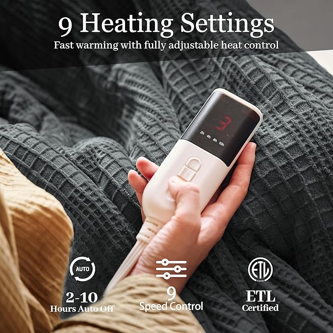 Texciting Electric Blanket Full Size 72''X84'' - Heated Blanket with Single Control Fast Heating 9 Heating Levels & 10 Hours Auto Off,ETL Certified Machine Washable (Black)
