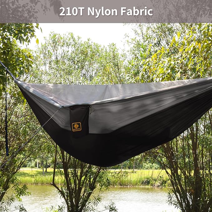 Camping Hammock with Mosquito Net,Lightweight 210T Nylon Hammocks,Portable Hammock with 10ft Tree Straps,Camping Gear Must Haves for Travel Hiking Backpacking Beach Patio-Black&Grey