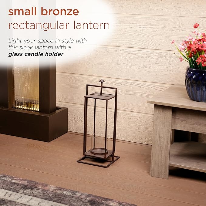 Alpine Corporation 19" Small Rectangular Lantern with Glass Candle Holder , Outdoor Lantern for Patio, Porch, or Deck Décor, Bronze