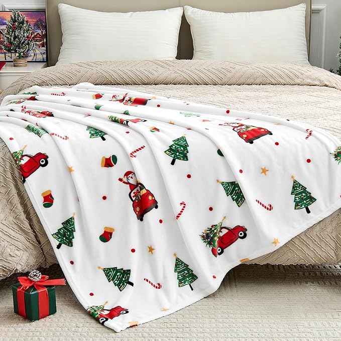 Edenleaf Christmas Blanket - White Holiday Throw with Santa Claus & Snowman - Warm Cozy Fleece Winter Blanket, 60x80 Inches，White