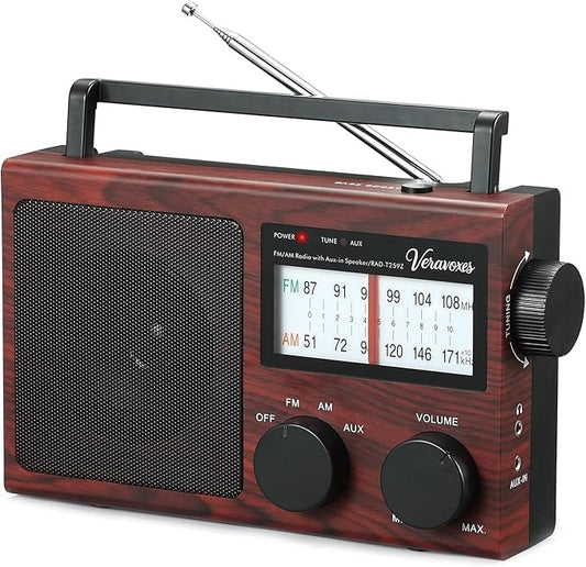 Portable AM/FM Radio with Bass Control, Equipped with a Built-in high-Power Speaker, Headphone Jack, and AUX Audio Input, Supports Battery or AC Power Operation (Red Oak Wood Grain)