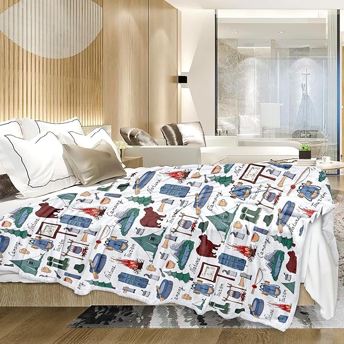 Large Fleece Travel Throw Blanket for Couch, Sofa, Camping Throw Blanket, Outdoor Super Soft and Warm Blankets, Camper Throw All Season Use, Cozy, Plush, Lightweight, 50"X60" ﻿