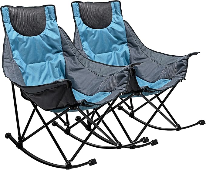 SUNNYFEEL Rocking Camping Chair 2 Pack, Luxury Padded Recliner, Oversized Folding Lawn Chair with Pocket, Heavy Duty for Outdoor/Picnic/Lounge/Patio, Portable Camp Rocker Chairs with Carry Bag