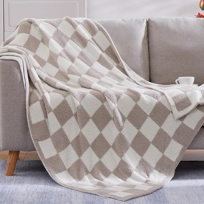 WRENSONGE Checkered Throw Blanket, Taupe Soft Cozy Fluffy Warm Throw Blankets for Couch, Sofa, Chair, Bed, Camping, Picnic, Office,Travel Lightweight Bed Blanket - 50"*60"
