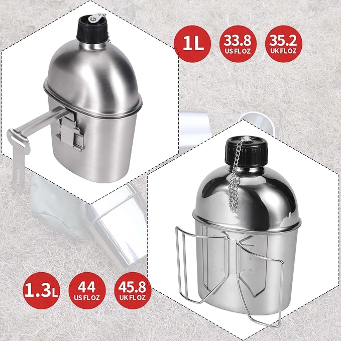 Goetland Stainless Steel WWII US Army Canteen Water Bottle Military Canteen Kit 1.3QT with 0.6QT Cup Nylon Pouch G.I.