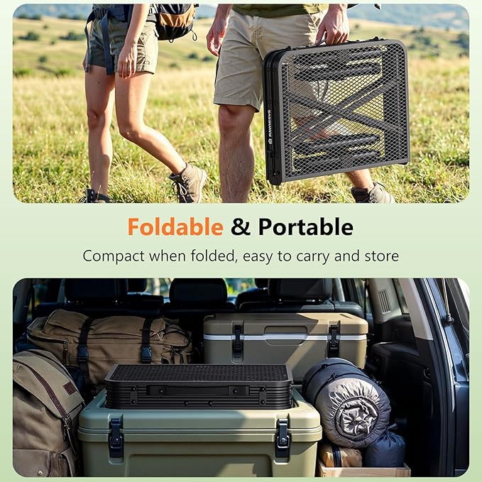 Folding Grill Table for Outside, 3 Height Adjustable Small Camping Table with Mesh Bag, Metal Aluminum Folding Table, 23.62 x 15.75 inches, Portable Grill Stand for Picnic, Camping, BBQ, Beach, Black
