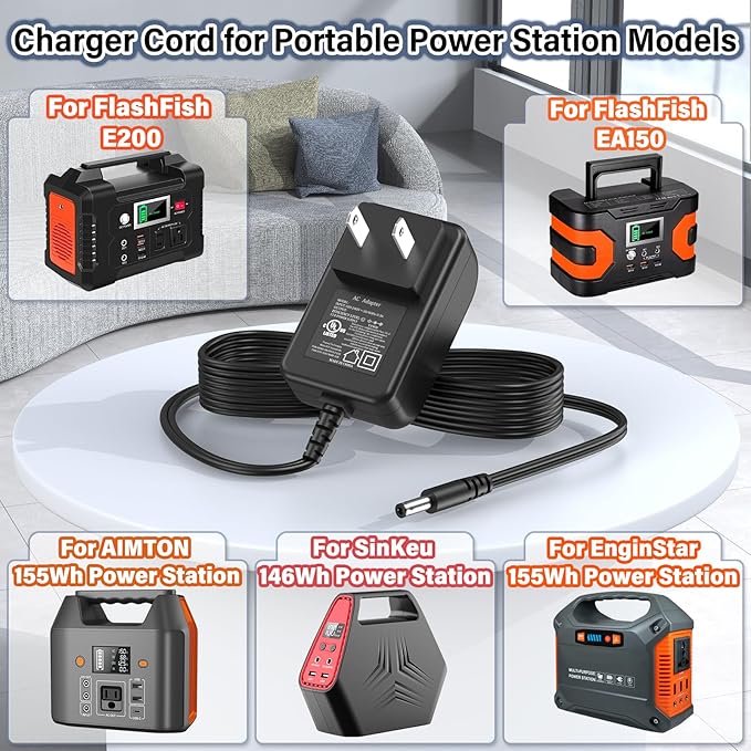 15V Portable Power Station Charger Replacement Compatible with FlashFish 150W-200W Electric Solar Generator, Power Cord AC Adapter Fit for Flash Fish E200 EA150 for EnginStar for SinKeu 100W-200W